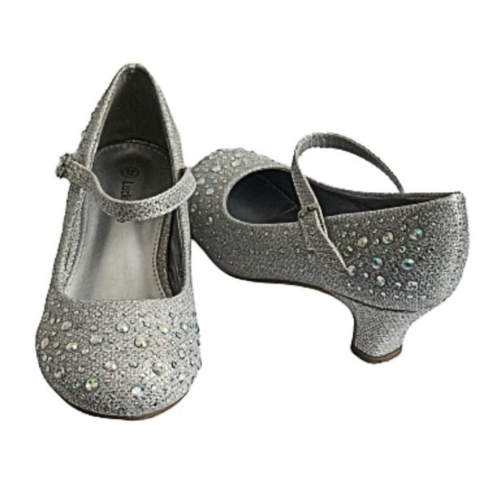 👧✨Lucky Top Kid Girls Sparkling Mary Jane Rhinestone Silver Glitter Dress Shoes